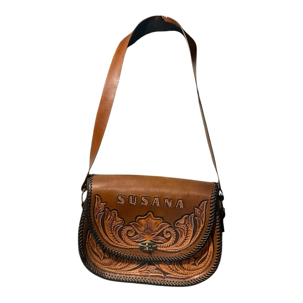 VINTAGE Hand Tooled Leather Brown Bohemian Hippy Retro Large Shoulder Bag